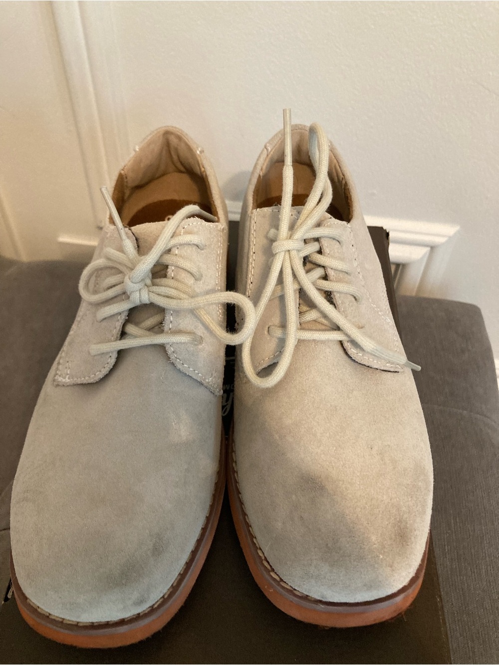Florsheim Kids Suede Dress Shoes in Light Gray with Tan Sole